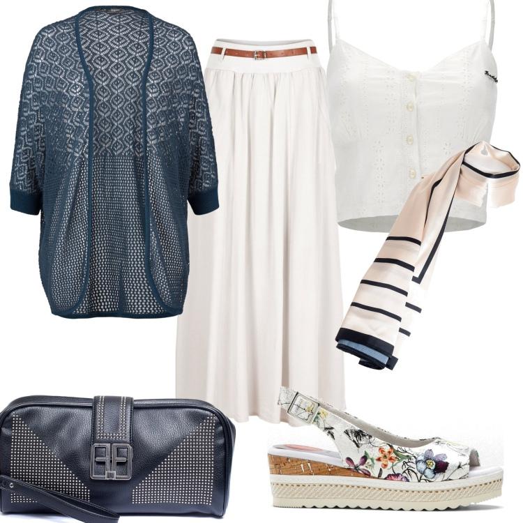 Outfit donna - Al lavoro. Stile Casual per Ufficio. Abbinamento con gonne lunghe, cardigans, décolleté, foulard, pochette, top.
