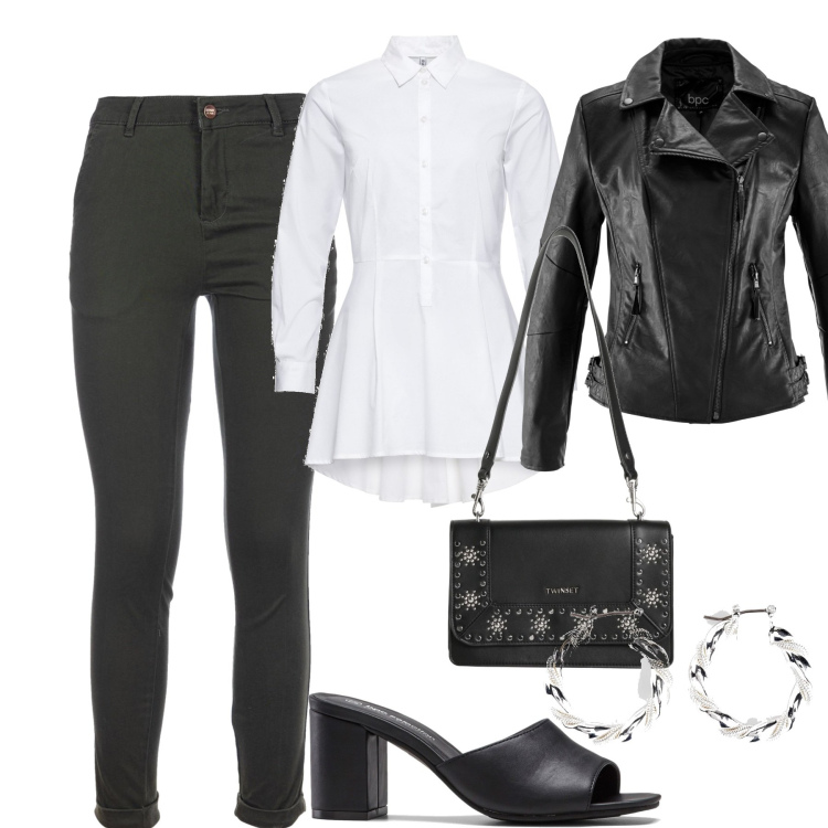 Outfit donna - In città. Stile Casual per Tutti i giorni. Abbinamento con ciabatte, blazer, orecchini, camicie, borse a spalla, pantaloni.