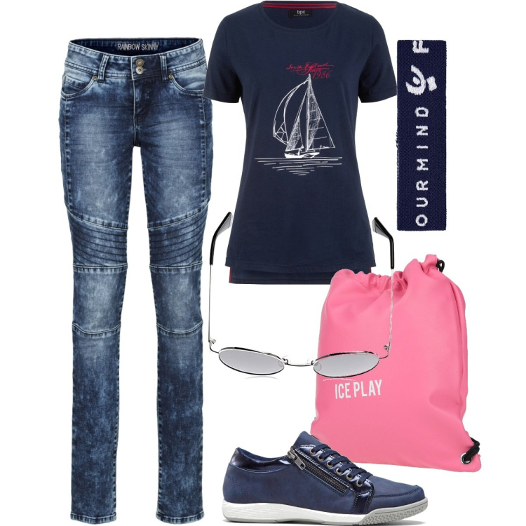 Outfit donna - Total look #1624373. Stile Basic per Tutti i giorni. Abbinamento con t-shirt, jeans skinny, sneakers alte, zaini, braccialetti, occhiali da sole.