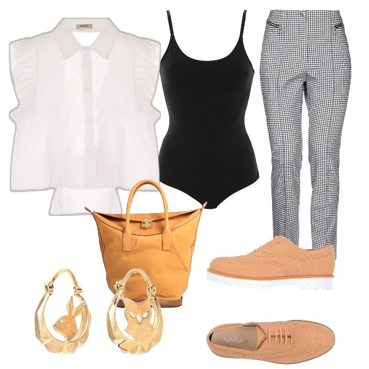 Outfit donna - il pantalone vichy. Stile Bon Ton per Tutti i giorni. Abbinamento con scarpe stringate, pantaloni, body, borse a mano, orecchini, camicie.