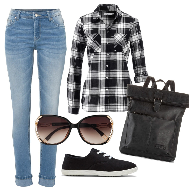 Outfit donna - Bon Prix look. Stile Casual per Tutti i giorni. Abbinamento con camicie, occhiali da sole, zaini, sneakers, jeans.