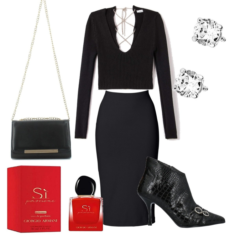 Outfit donna - Total look #1624465. Stile Sexy per Serata fuori. Abbinamento con gonne longuette, stivaletti, maglieria, clutch, orecchini, profumi.