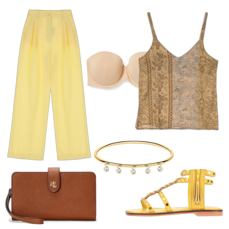 Outfit donna - Una mattina dorata. Stile Etnico per Tutti i giorni. Abbinamento con sandali in pelle, pantaloni a palazzo, canottiere, pochette, braccialetti, reggiseni push-up.