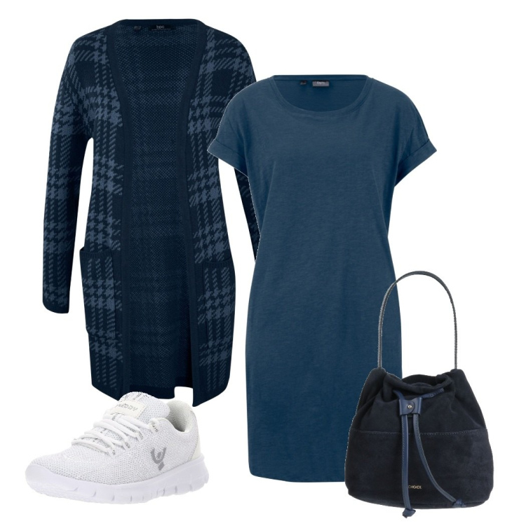Outfit donna - Il cardigan a quadri. Stile Casual per Tutti i giorni. Abbinamento con borse a mano, vestiti, cardigans, sneakers.