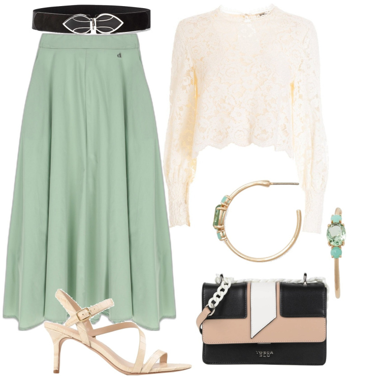 Outfit donna - Idea per cerimonia di giorno. Stile Romantica per Cerimonia. Abbinamento con cinture, borse a tracolla, sandali col tacco, bluse, gonne lunghe, orecchini.