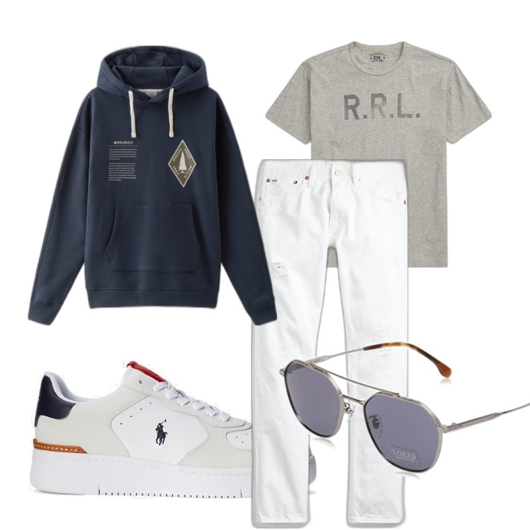Outfit uomo - In barca. Stile Casual per Mare. Abbinamento con t-shirt, sneakers, jeans, felpe con cappuccio, occhiali da sole.