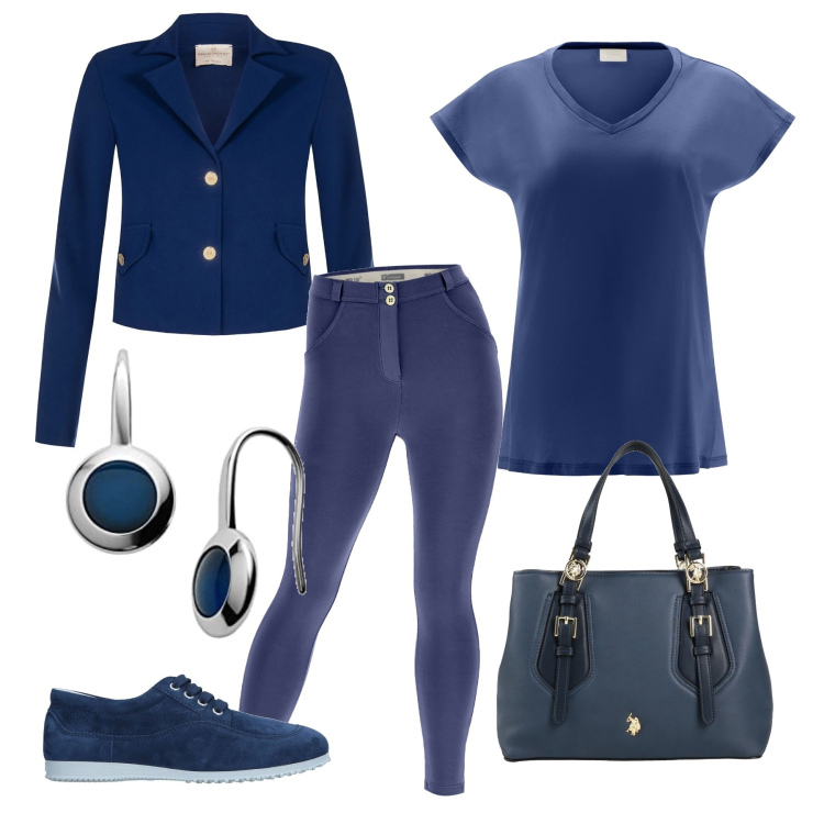 Outfit donna - Total blue. Stile Casual chic per Ufficio. Abbinamento con borse a mano, sneakers, giacche, pantaloni skinny, t-shirt, orecchini.