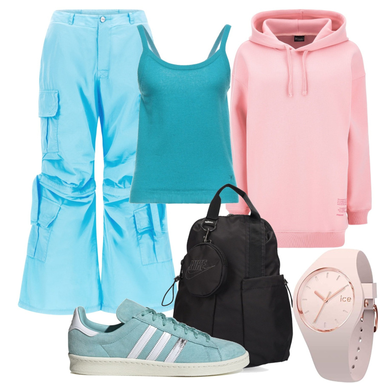 Outfit donna - Relax. Stile Sporty chic per Tutti i giorni. Abbinamento con top, pantaloni cargo, felpe con cappuccio, sneakers, zaini, orologi.