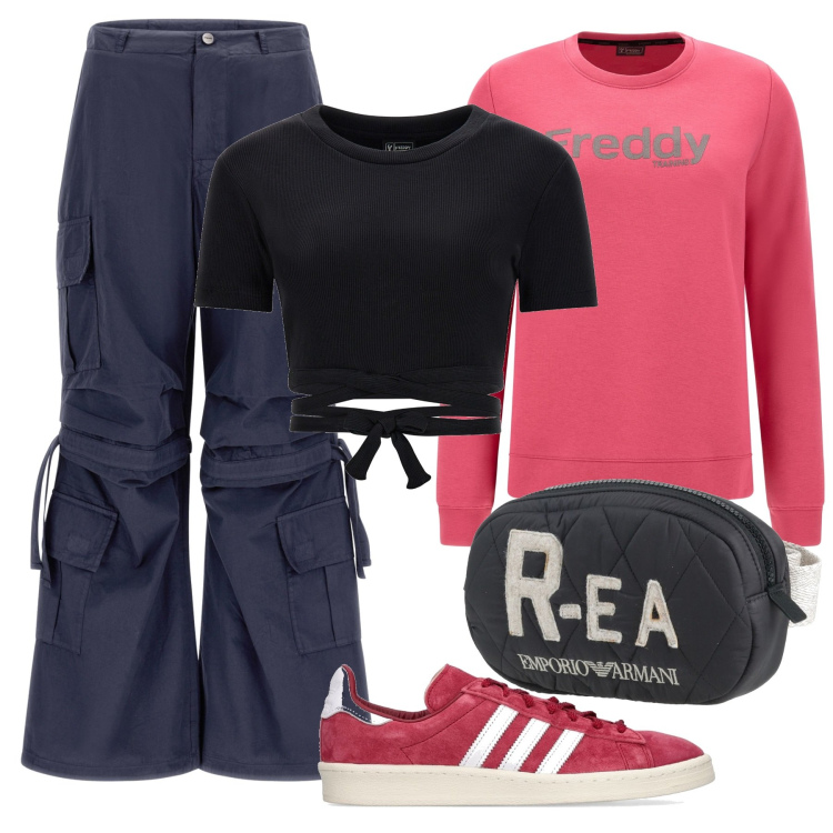 Outfit donna - Sporty chic. Stile Sporty chic per Sport. Abbinamento con marsupi, pantaloni cargo, felpe, top, sneakers.