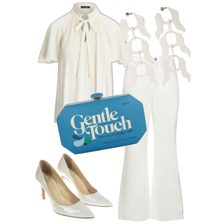 Outfit donna - Gentle touch. Stile Bon Ton per Tutti i giorni. Abbinamento con décolleté, camicie, orecchini, pochette, jeans.