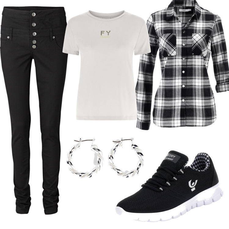 Outfit donna - Bianco nero casual. Stile Casual per Tutti i giorni. Abbinamento con camicie, pantaloni skinny, orecchini, t-shirt, sneakers alte.