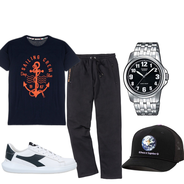 Outfit uomo - Total look #1624768. Stile Urban per Tutti i giorni. Abbinamento con pantaloni, sneakers, t-shirt, orologi analogici, cappelli con visiera.