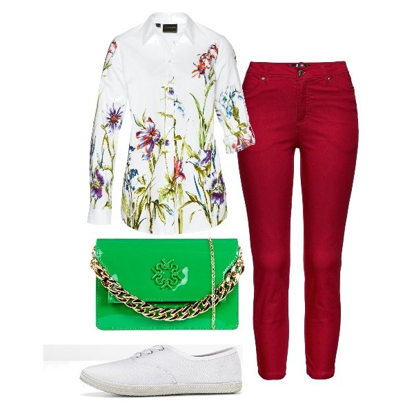 Outfit donna - Prato in città. Stile Casual per Tutti i giorni. Abbinamento con pantaloni, sneakers, camicie, pochette.