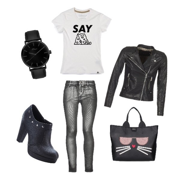 Outfit donna - Rock #2868. Stile Rock per Tutti i giorni. Abbinamento con tronchetti con borchie e zip nero, jeans fantasia effetto laminato con zip e bottoni, borsa a mano nero, giacca, t-shirt, orologio con cinturino nero.