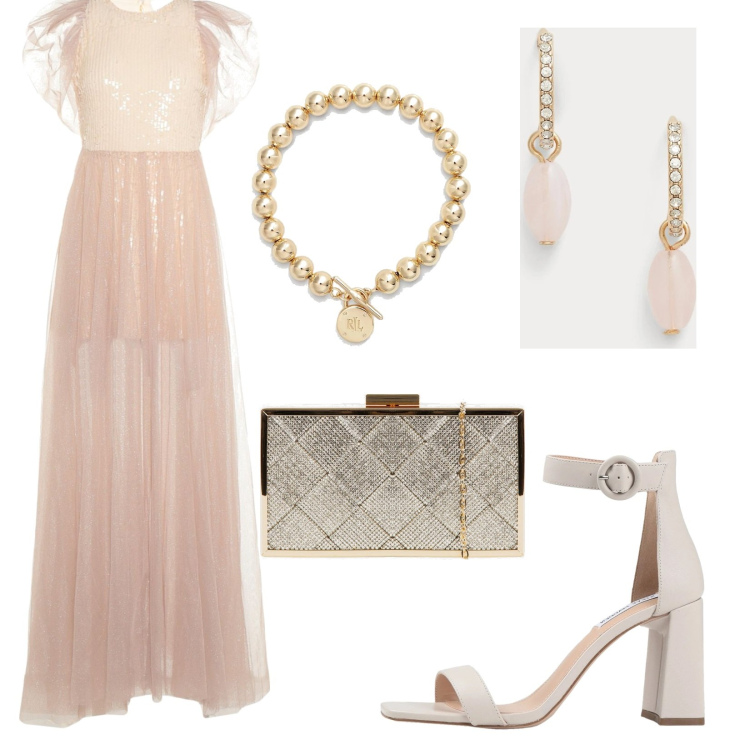 Outfit donna - Festival. Stile Glamour per Cerimonia. Abbinamento con braccialetti, orecchini, clutch, vestiti lunghi, sandali col tacco.