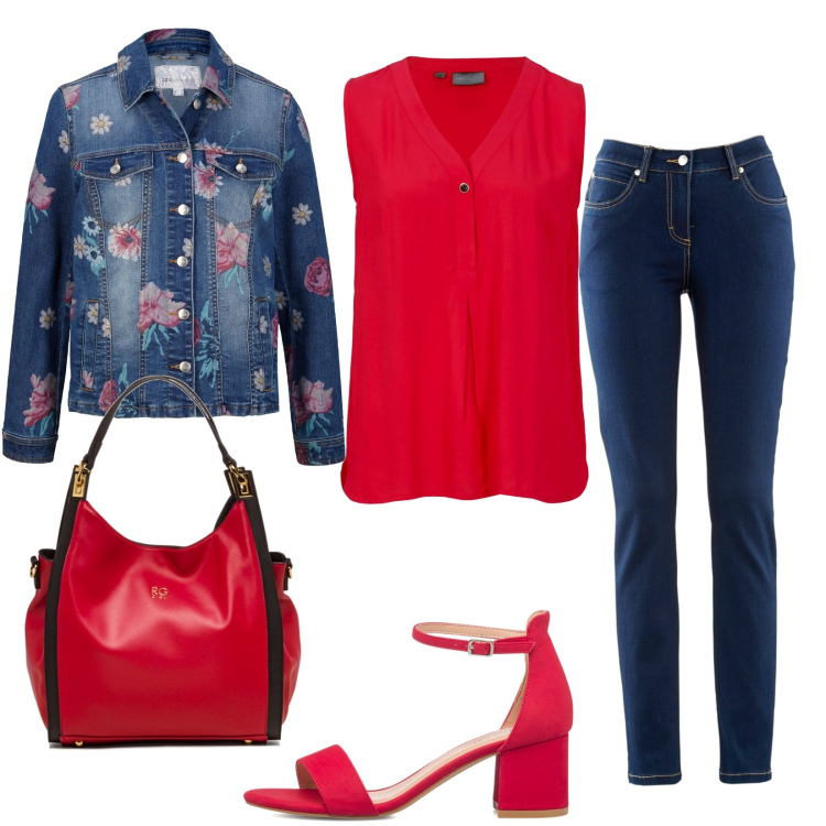 Outfit donna - Total look #1624936. Stile Casual per Tutti i giorni. Abbinamento con jeans dritti, top, giacche, sandali in pelle, borse a spalla.