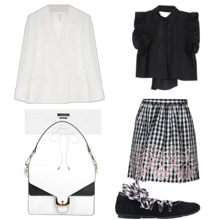 Outfit donna - Bianco e nero frizzante. Stile Casual chic per Serata fuori. Abbinamento con minigonne, ballerine, borse a mano, cinture, giacche, camicie.