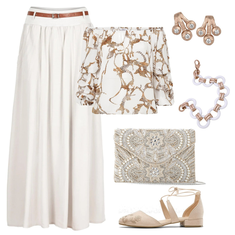 Outfit femme - Chic #7863. Style Chic pour Soirée dehors. Assortir avec jupes longues, tuniques, chaussures à talon, pochette, bracelets, boucles d'oreilles.