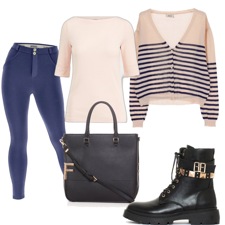 Outfit donna - Total look #1624961. Stile Casual per Tutti i giorni. Abbinamento con anfibi, borse tote, pantaloni skinny, cardigans, t-shirt.