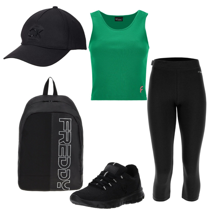 Outfit donna - Look sportivo. Stile Sporty chic per Sport. Abbinamento con zaini, leggings, sneakers, top, cappelli.