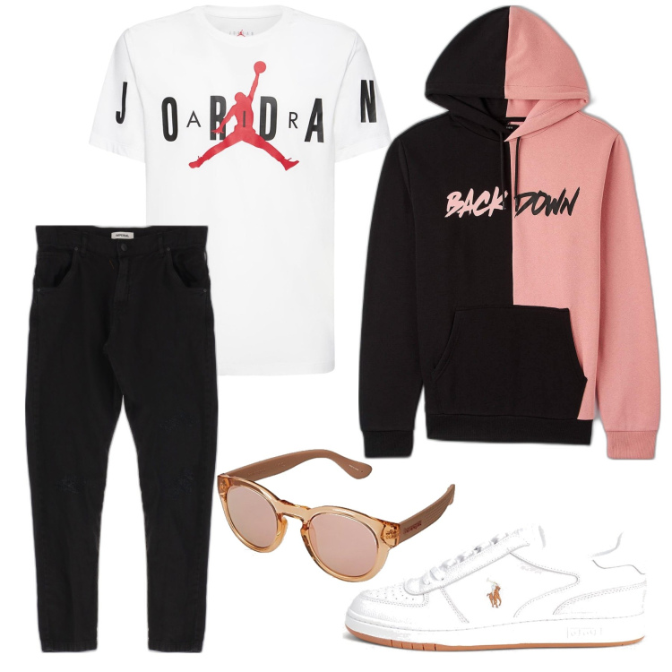 Outfit uomo - Trendy chic. Stile Trendy per Tutti i giorni. Abbinamento con jeans dritti, sneakers, felpe con cappuccio, t-shirt, occhiali da sole.