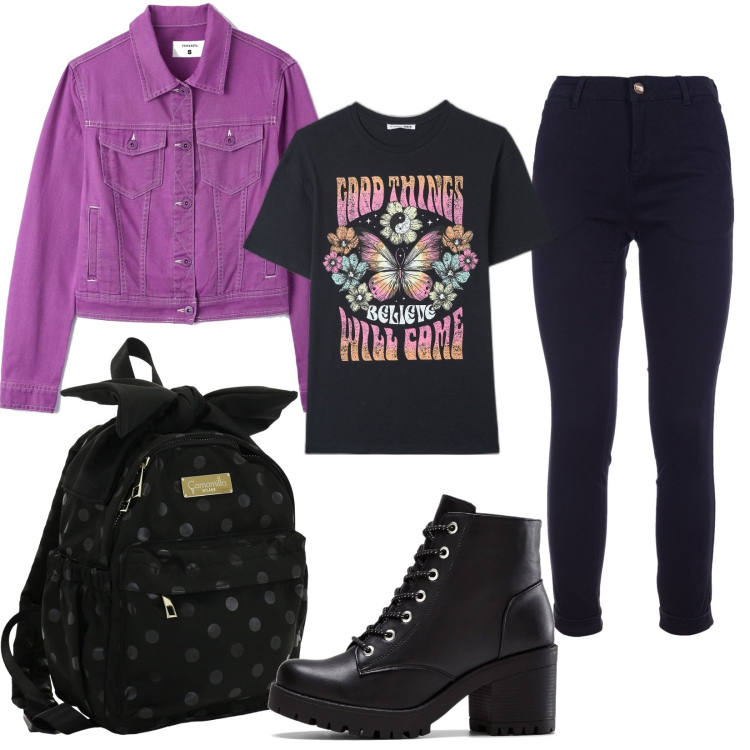 Outfit donna - Total look #1625113. Stile Casual per Cerimonia. Abbinamento con stivaletti, blazer, t-shirt, pantaloni, zaini.
