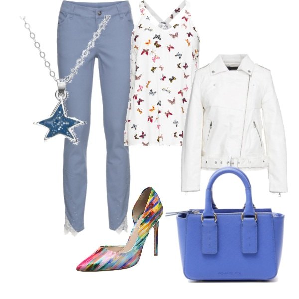 Outfit donna - Dettagli particolari. Stile Trendy per Tutti i giorni. Abbinamento con top, pantalone con pizzo elasticizzato, giubbotto in pelle sintetica, scarpe col tacco multicolore, borsa a tracolla con stampa doppio manico interno foderato in pelle sintetica rigido, collana argento.