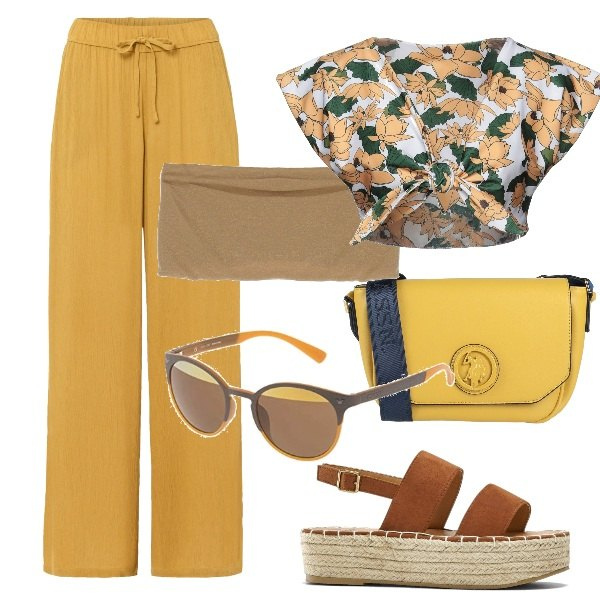 Outfit donna - Torna il sole. Stile Trendy per Tutti i giorni. Abbinamento con pantaloni, sandali, bolero, borse a tracolla, top, occhiali da sole.