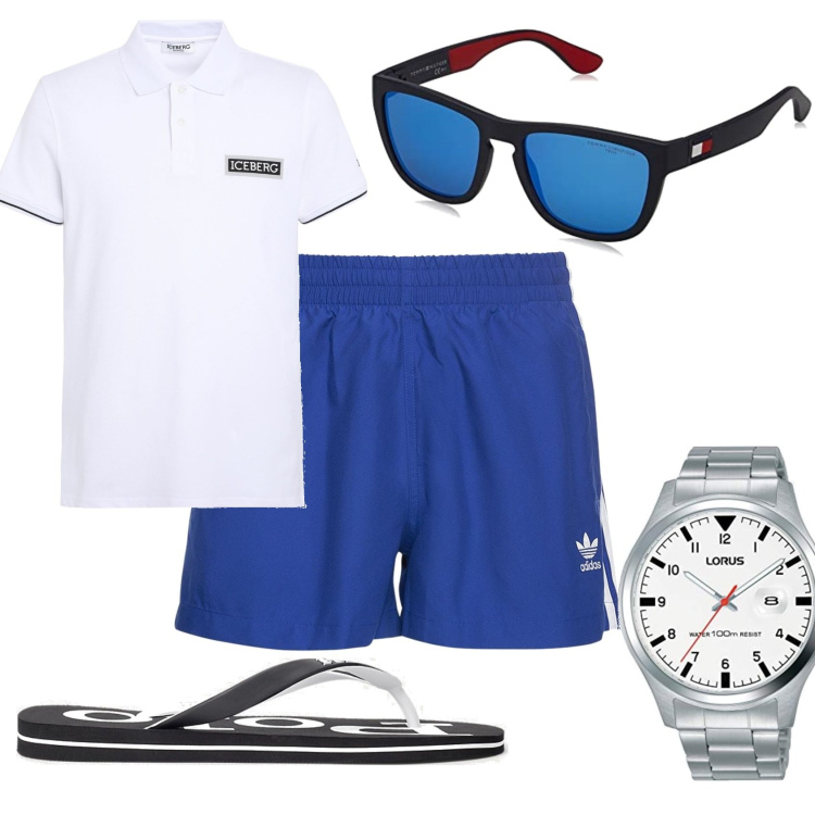 Outfit uomo - Arrivo in spiaggia. Stile Trendy per Tutti i giorni. Abbinamento con polo, sandali, orologi analogici, shorts, occhiali da sole.
