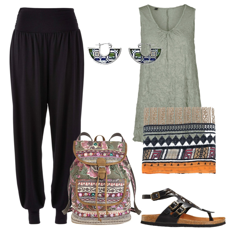 Outfit donna - Zainetto etnico. Stile Etnico per Tutti i giorni. Abbinamento con pantaloni sportivi, sandali in pelle, top, zaini, sciarpe, orecchini.