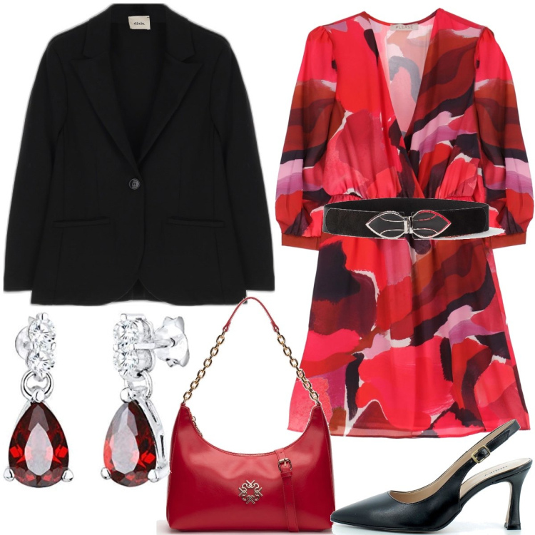 Outfit donna - A cena da amici. Stile Chic per Serata fuori. Abbinamento con cinture, vestiti corti, borse a spalla, sandali in pelle, giacche, orecchini.