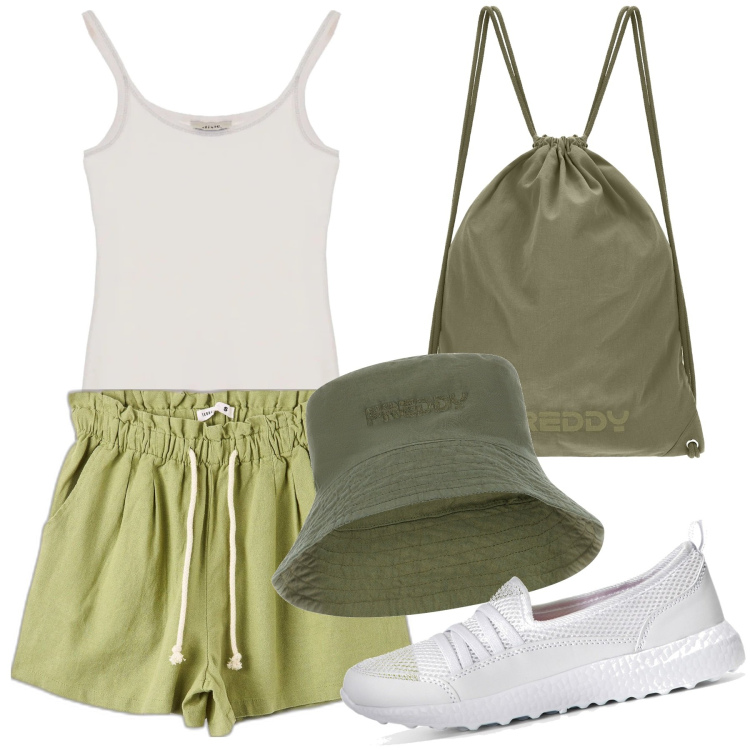 Outfit donna - Verde militare. Stile Casual per Mare. Abbinamento con sneakers, shorts, cappelli, zaini, canottiere.