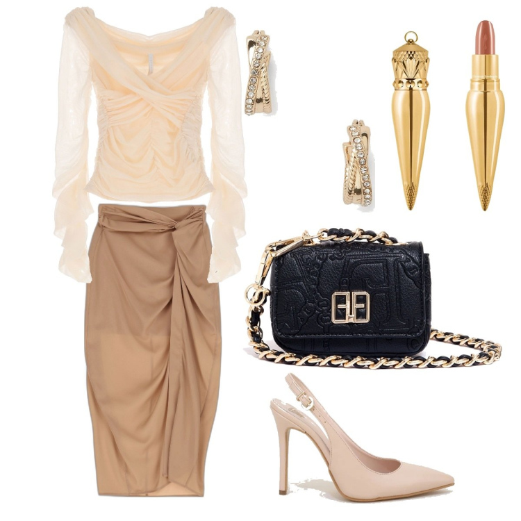 Outfit donna - Drappeggi. Stile Glamour per Cerimonia. Abbinamento con marsupi, maglieria, gonne longuette, décolleté, orecchini, rossetti.