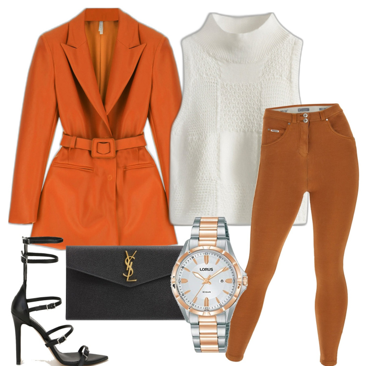 Outfit donna - Aperitivo in autunno. Stile Casual per Serata fuori. Abbinamento con top, giacche, sandali in pelle, pantaloni skinny, orologi, pochette.