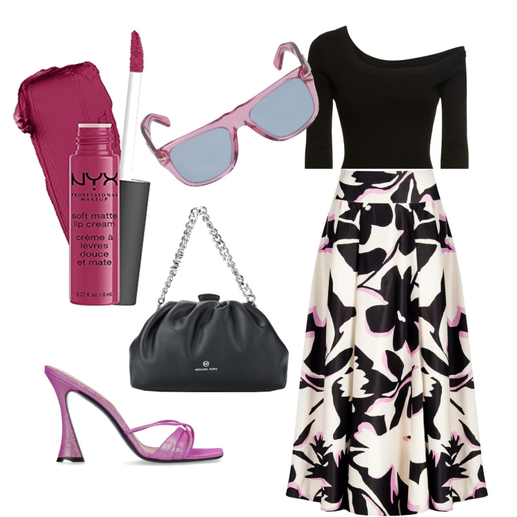 Outfit donna - Cocktail party. Stile Bon Ton per Serata fuori. Abbinamento con gonne longuette, borse a mano, top, sandali in pelle, occhiali da sole, rossetti.