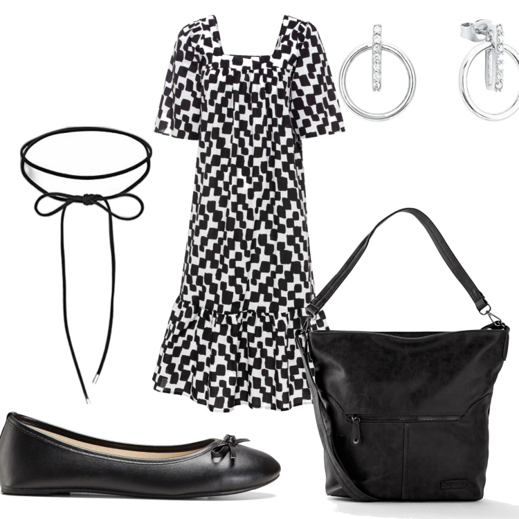 Outfit donna - Vestito bon ton. Stile Bon Ton per Tutti i giorni. Abbinamento con ballerine, vestiti midi/longuette, borse a tracolla, collane, orecchini.