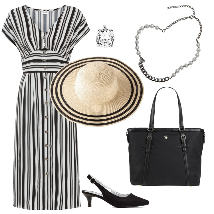 Outfit donna - Strisce per un pomeriggio fuori. Stile Chic per Tutti i giorni. Abbinamento con vestiti, décolleté, cappelli, borse a mano, collane, orecchini.