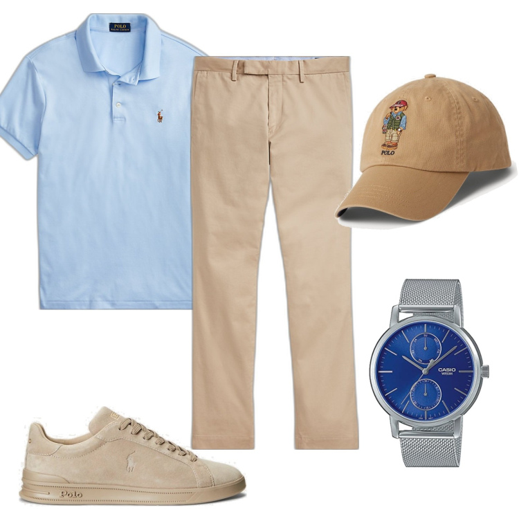 Outfit uomo - Fuga fuori porta. Stile Casual per Tutti i giorni. Abbinamento con polo, sneakers, cappelli con visiera, pantaloni chino, orologi.