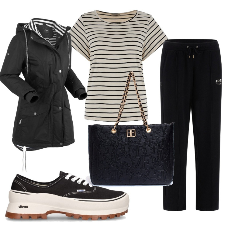 Outfit donna - Total look #1625548. Stile Basic per Tutti i giorni. Abbinamento con blazer, borse a spalla, t-shirt, pantaloni a palazzo, sneakers.