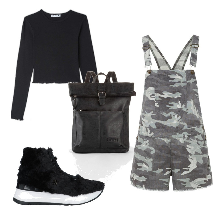 Outfit donna - Total look #1625561. Stile Military per Tutti i giorni. Abbinamento con zaini, salopette, sneakers, t-shirt.