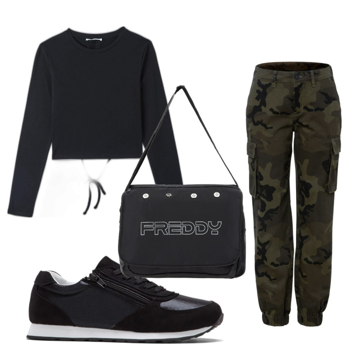 Outfit donna - Total look #1625563. Stile Military per Tutti i giorni. Abbinamento con sneakers, pantaloni cargo, t-shirt, borse messenger.