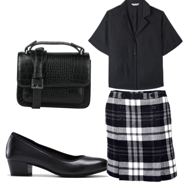 Outfit donna - Total look #1625572. Stile Preppy per Ufficio. Abbinamento con décolleté, minigonne, borse a mano, camicie a manica corta.
