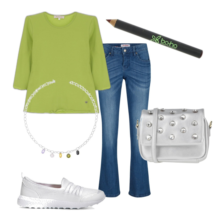 Outfit donna - Total look #1625593. Stile Casual per Tutti i giorni. Abbinamento con sneakers, jeans bootcut, borse a tracolla, maglieria, collane, matite labbra.