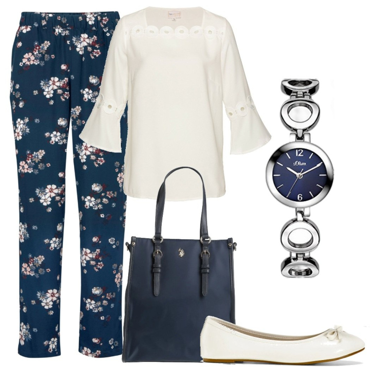 Outfit donna - Flavia. Stile Bon Ton per Ufficio. Abbinamento con pantaloni, ballerine, bluse, borse a mano, orologi.