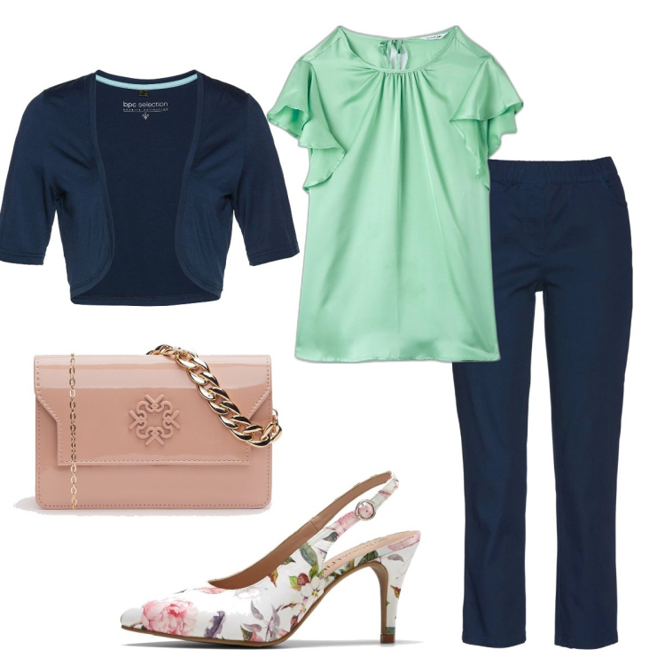 Outfit donna - completo blu camicia menta. Stile Glamour per Cerimonia. Abbinamento con pantaloni, blazer, décolleté, camicie a manica corta, pochette.