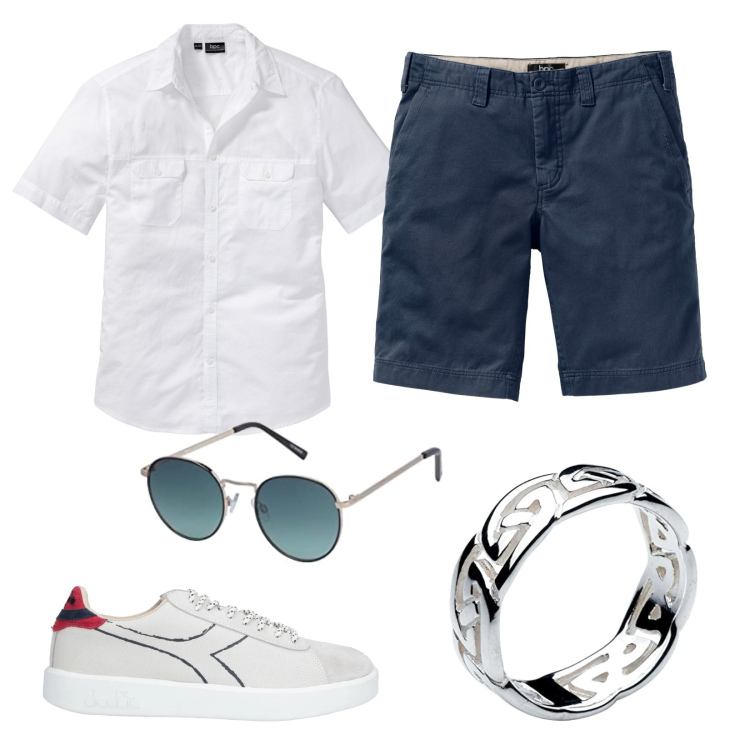 Outfit uomo - Camicia bianca e bermuda. Stile Casual per Tutti i giorni. Abbinamento con camicie a manica corta, bermuda, sneakers, occhiali da sole.