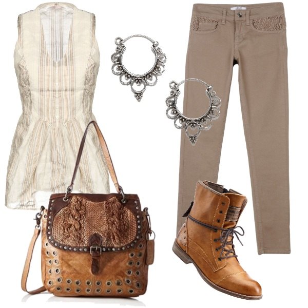 Outfit donna - CMPS Western girl. Stile Etnico Abbinamento con stivaletti con zip marrone, top, jeans con zip tinta unita, borsa a tracolla oliva, orecchini a scatto argento.