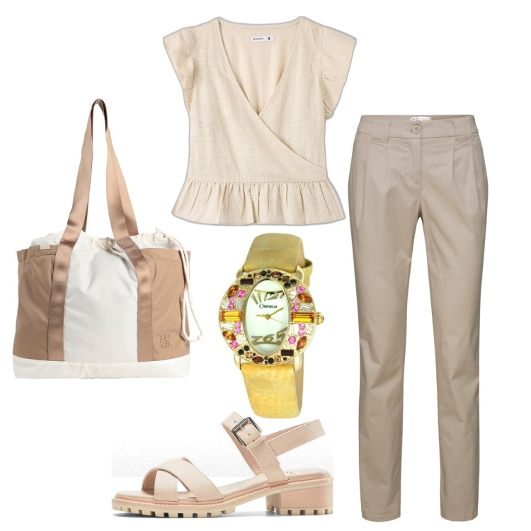 Outfit donna - cappuccino shades. Stile Casual per Ufficio. Abbinamento con pantaloni chino, sandali, borse a spalla, bluse, orologi.