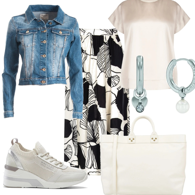 Outfit donna - Gonna lunga, giubotto jeans e sneakers. Stile Casual chic per Tutti i giorni. Abbinamento con sneakers, borse a mano, gonne longuette, bluse, blazer, orecchini.