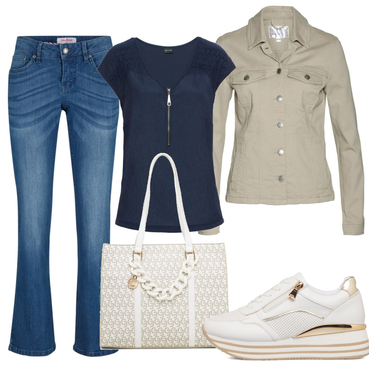 Outfit donna - Total look #1625907. Stile Casual per Tutti i giorni. Abbinamento con t-shirt, blazer, jeans bootcut, sneakers, borse a spalla.